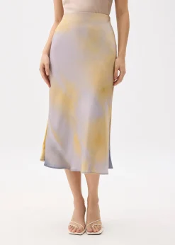 Elastic Abstract Satin Bias Cut Midaxi Skirt