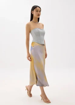 Elastic Abstract Satin Bias Cut Midaxi Skirt