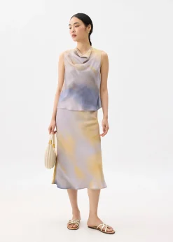 Elastic Abstract Satin Bias Cut Midaxi Skirt