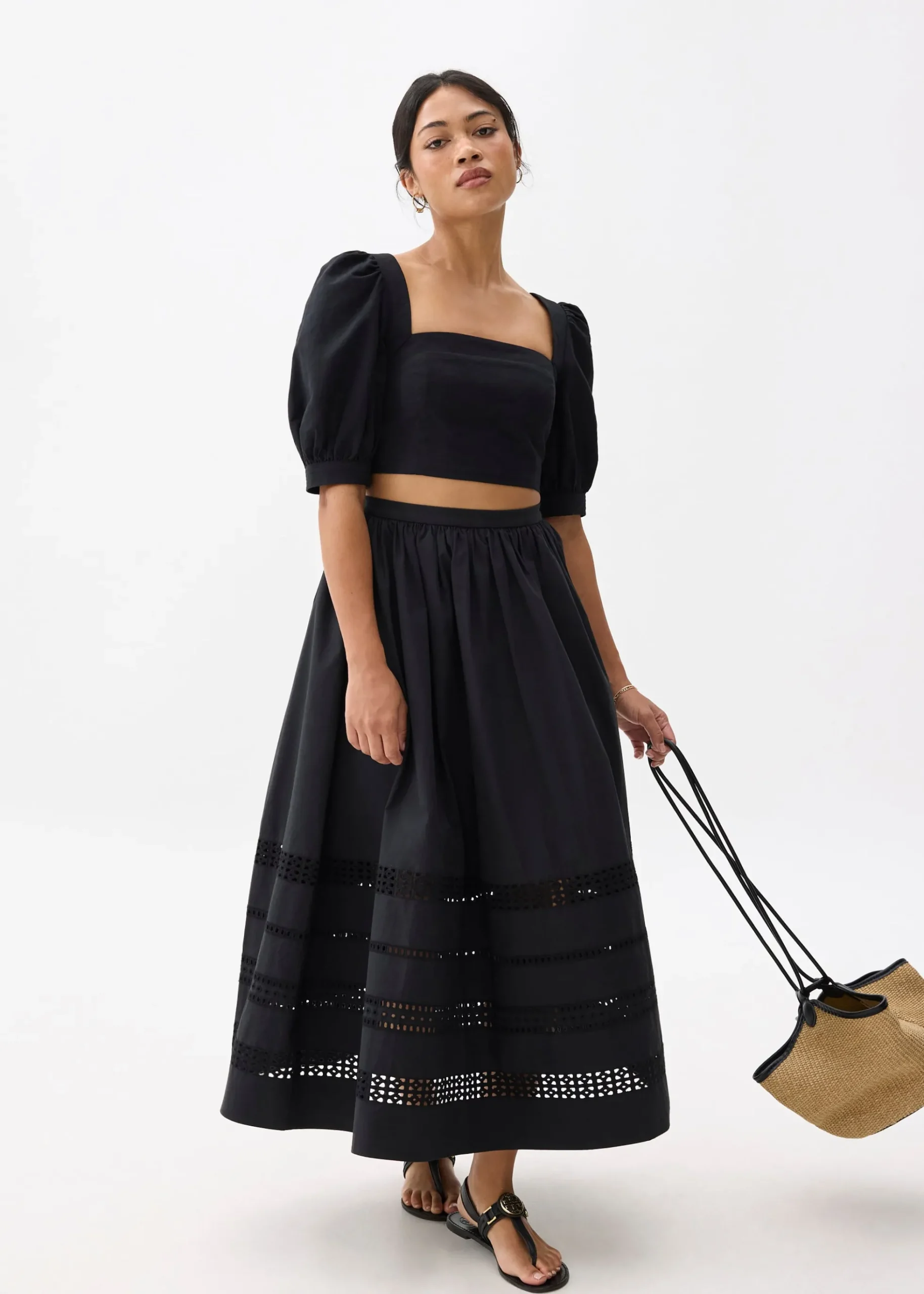 Elastic Broderie Fit & Flare Midaxi Skirt