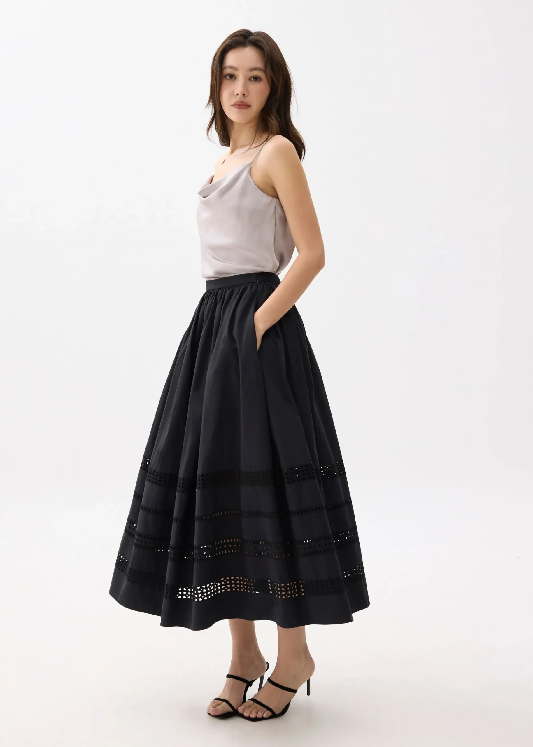 Elastic Broderie Fit & Flare Midaxi Skirt