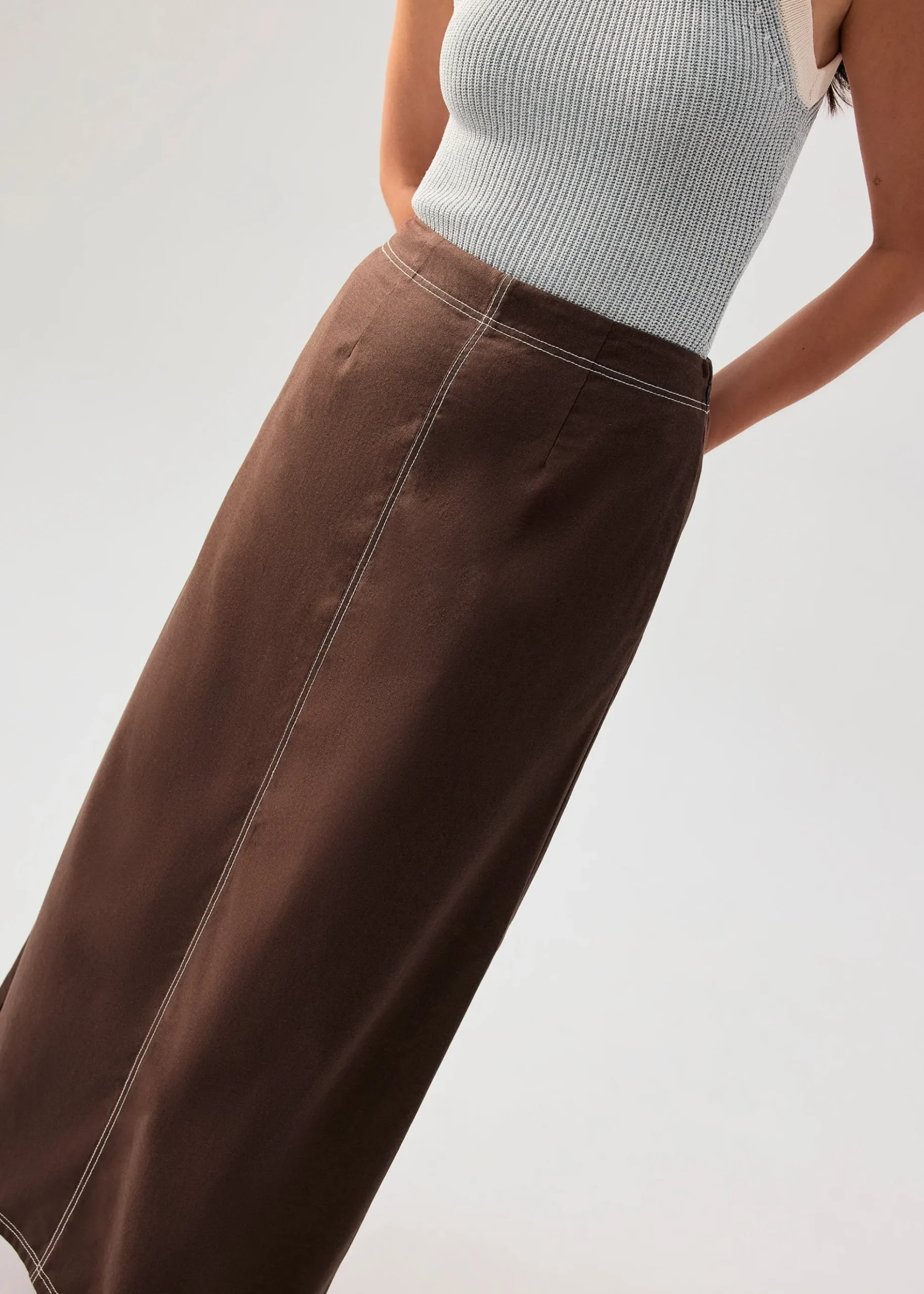 Elastic Contrast Stitch High Waist A-line Maxi Skirt