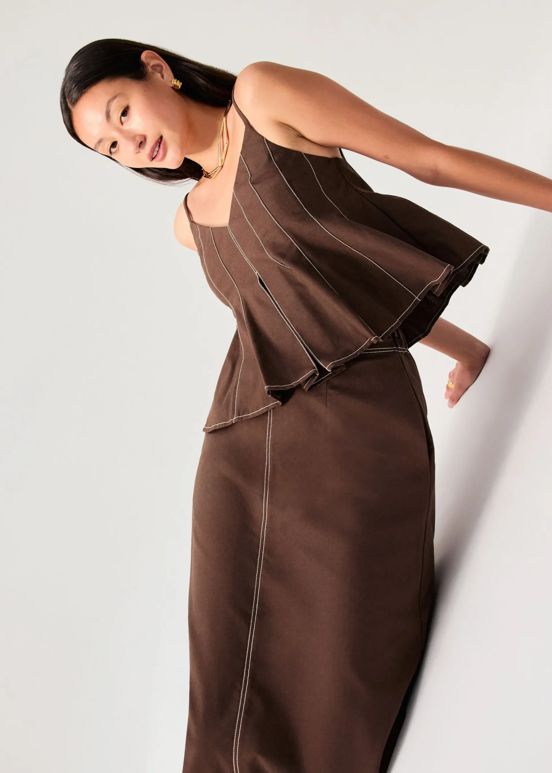 Elastic Contrast Stitch High Waist A-line Maxi Skirt