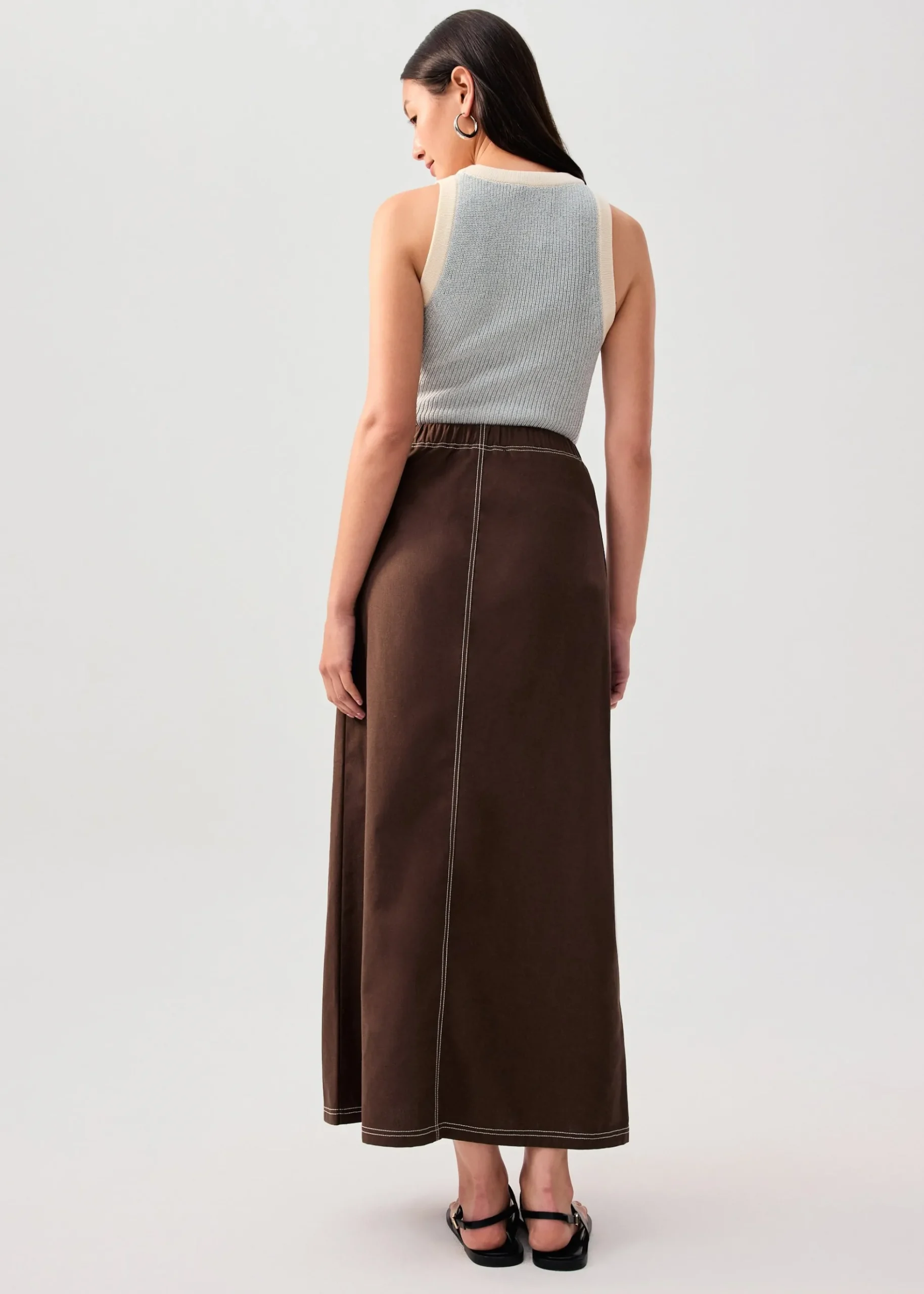 Elastic Contrast Stitch High Waist A-line Maxi Skirt