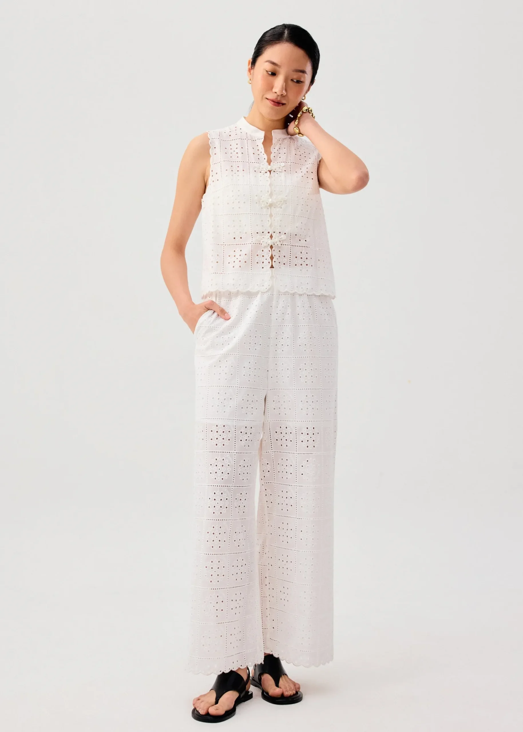 Elastic Cotton Broderie Mid Waist Straight Leg Pants