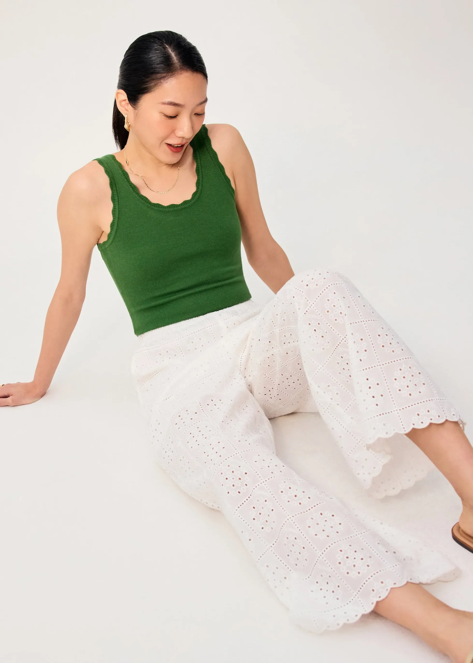 Elastic Cotton Broderie Mid Waist Straight Leg Pants