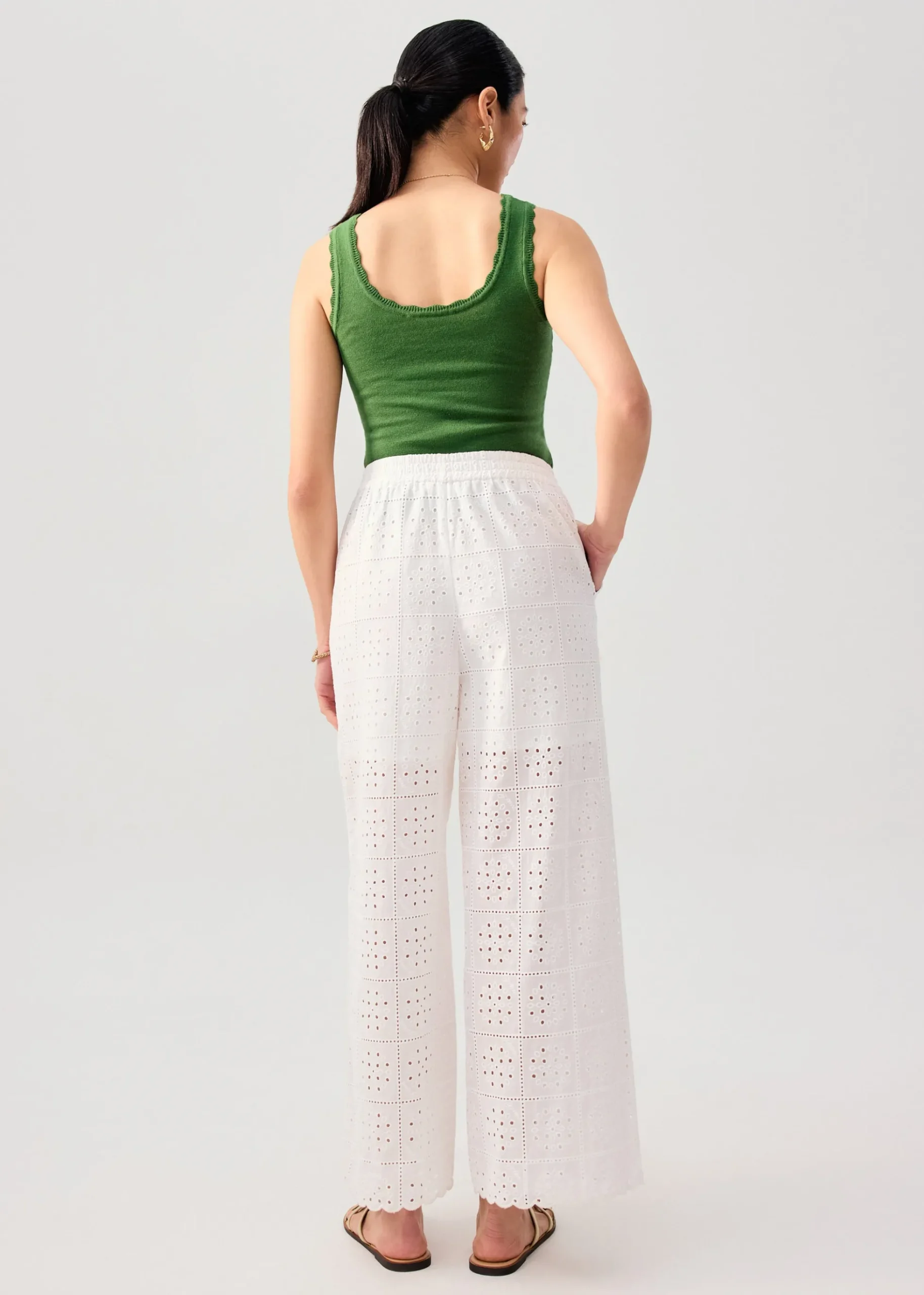 Elastic Cotton Broderie Mid Waist Straight Leg Pants