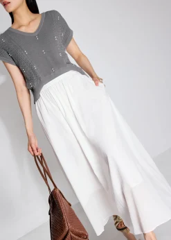 Elastic Cotton High Waist Flare Maxi Skirt