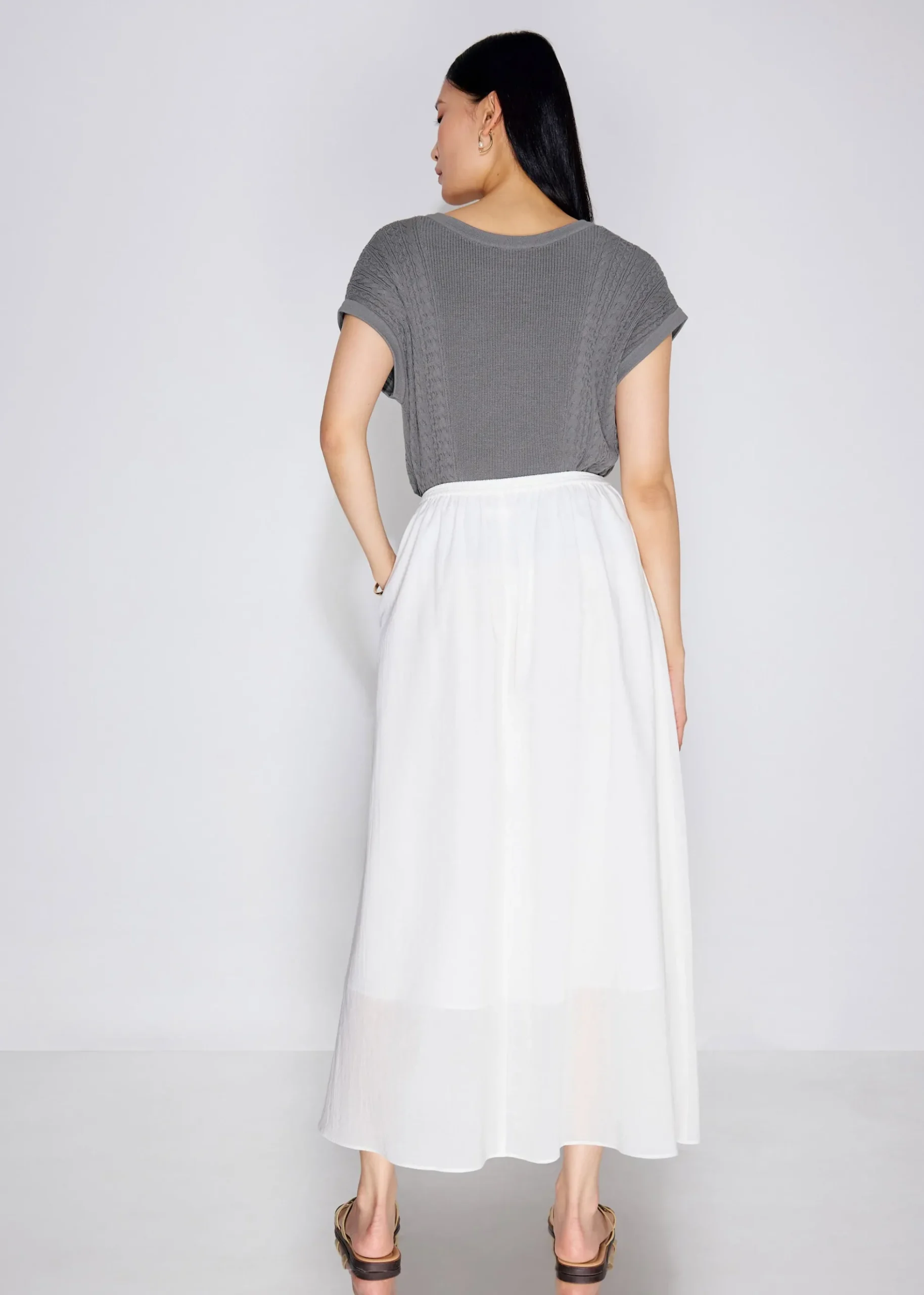 Elastic Cotton High Waist Flare Maxi Skirt