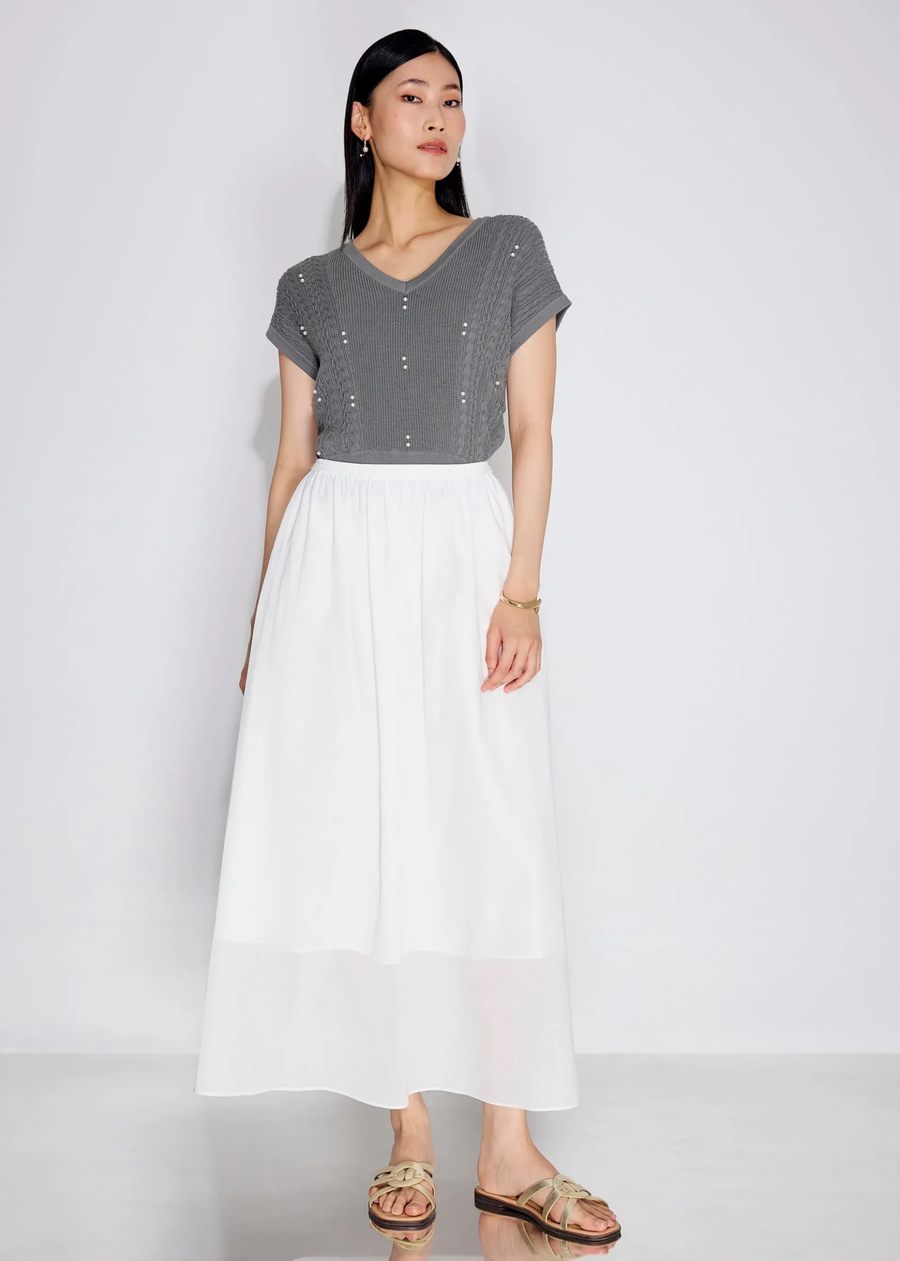 Elastic Cotton High Waist Flare Maxi Skirt