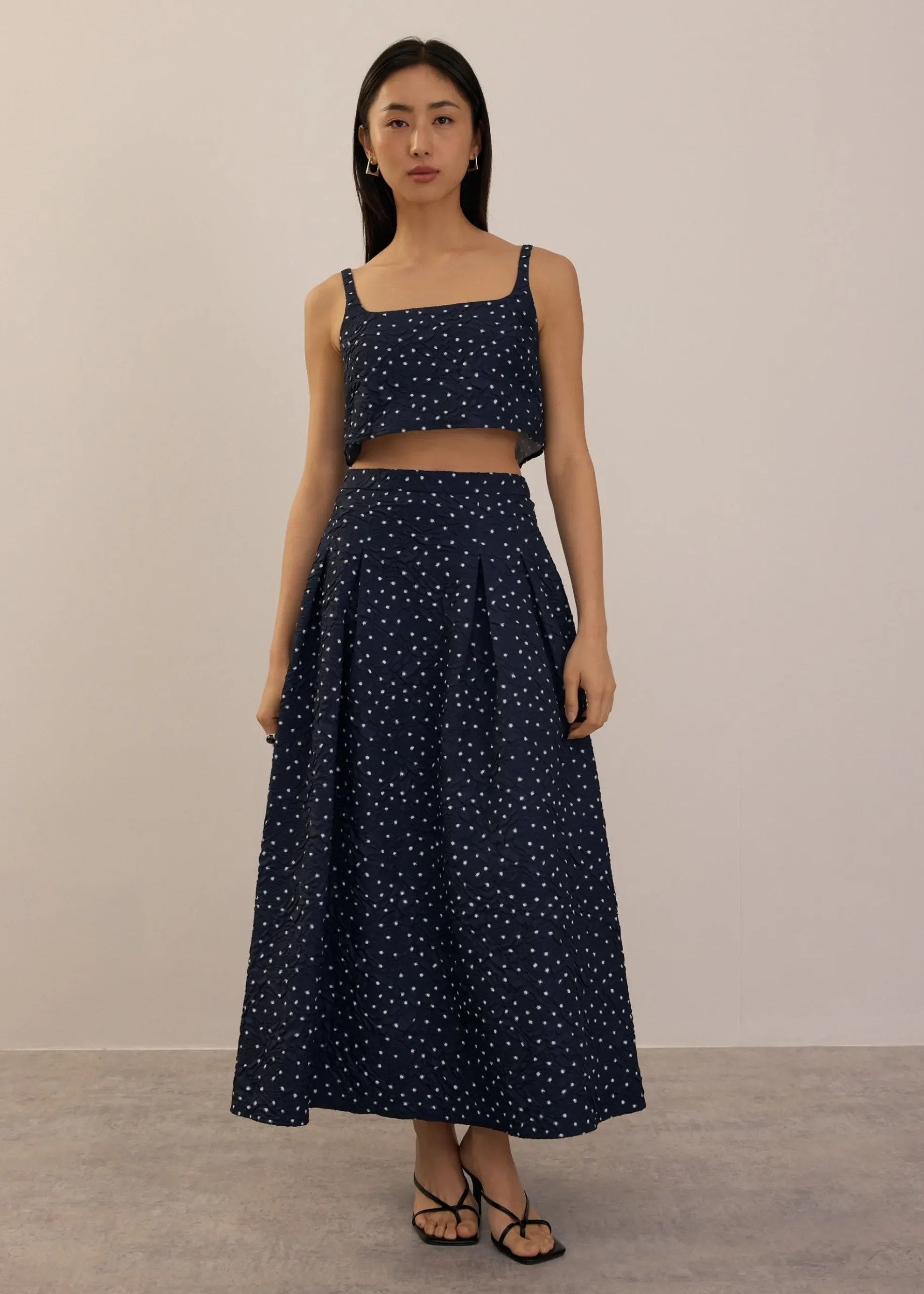 Elastic Crinkled Polka Dot Midaxi Skirt