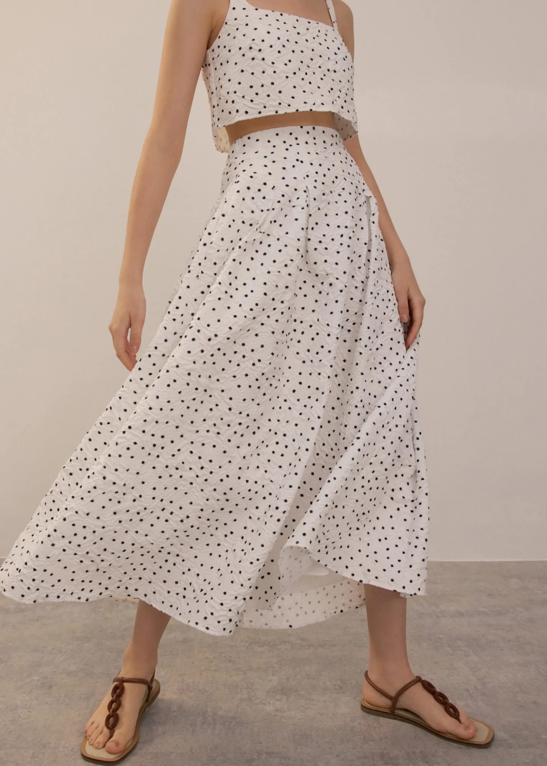 Elastic Crinkled Polka Dot Midaxi Skirt