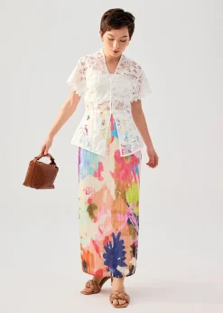 Elastic Georgette Pleated Mid Waist Column Maxi Skirt in Vivid Blooms
