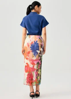 Elastic Georgette Pleated Mid Waist Column Maxi Skirt in Vivid Blooms