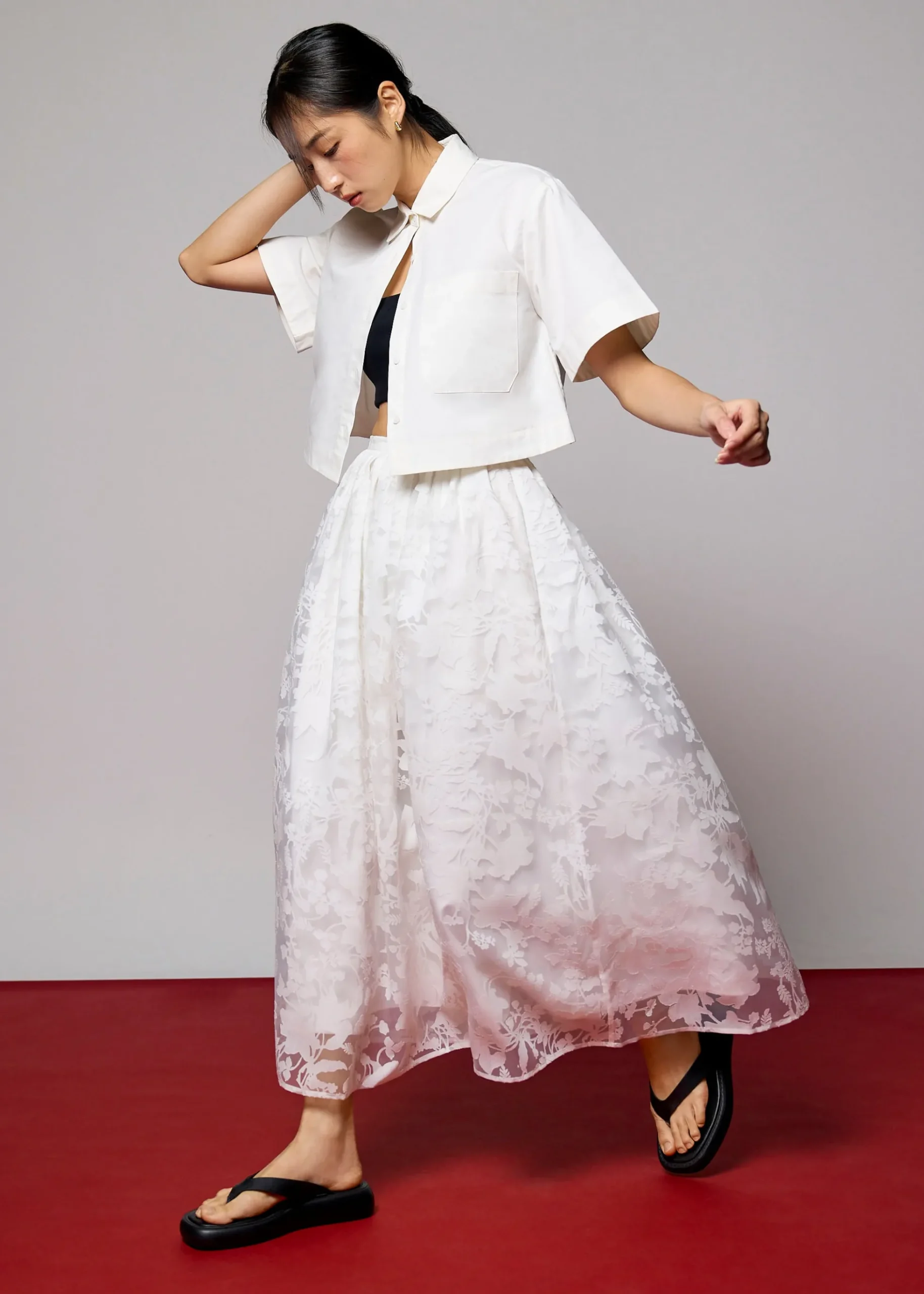 Elastic Jacquard High Waist Flare Maxi Skirt