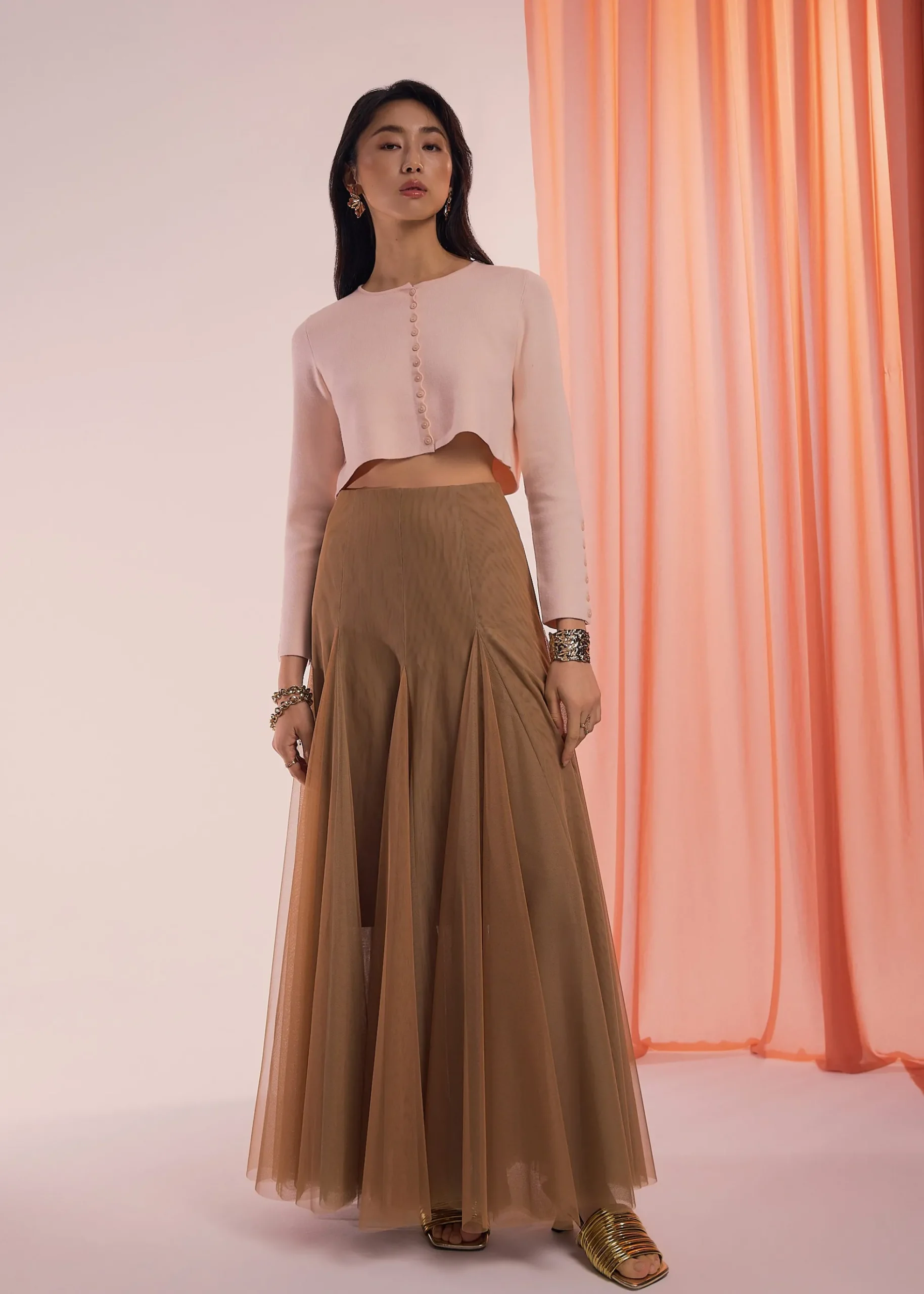 Elastic Mesh Flare Maxi Skirt