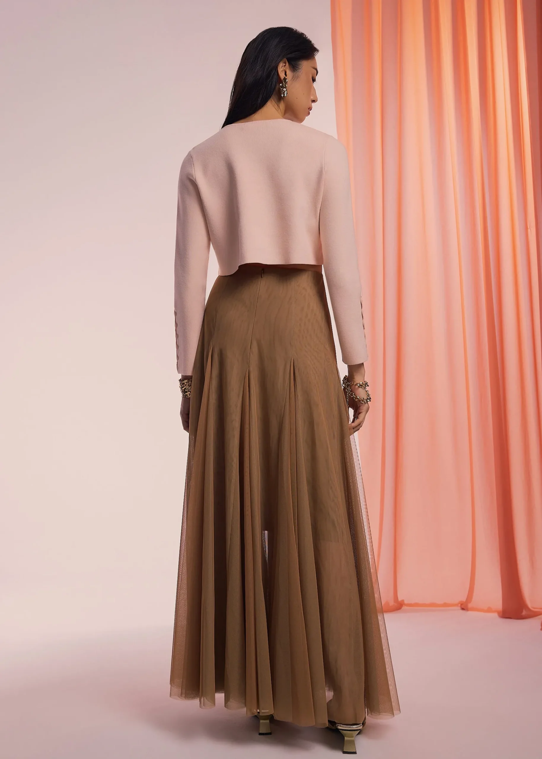 Elastic Mesh Flare Maxi Skirt
