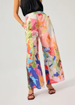 Elastic Panelled Mid Waist Wide Leg Pants in Vivid Blooms