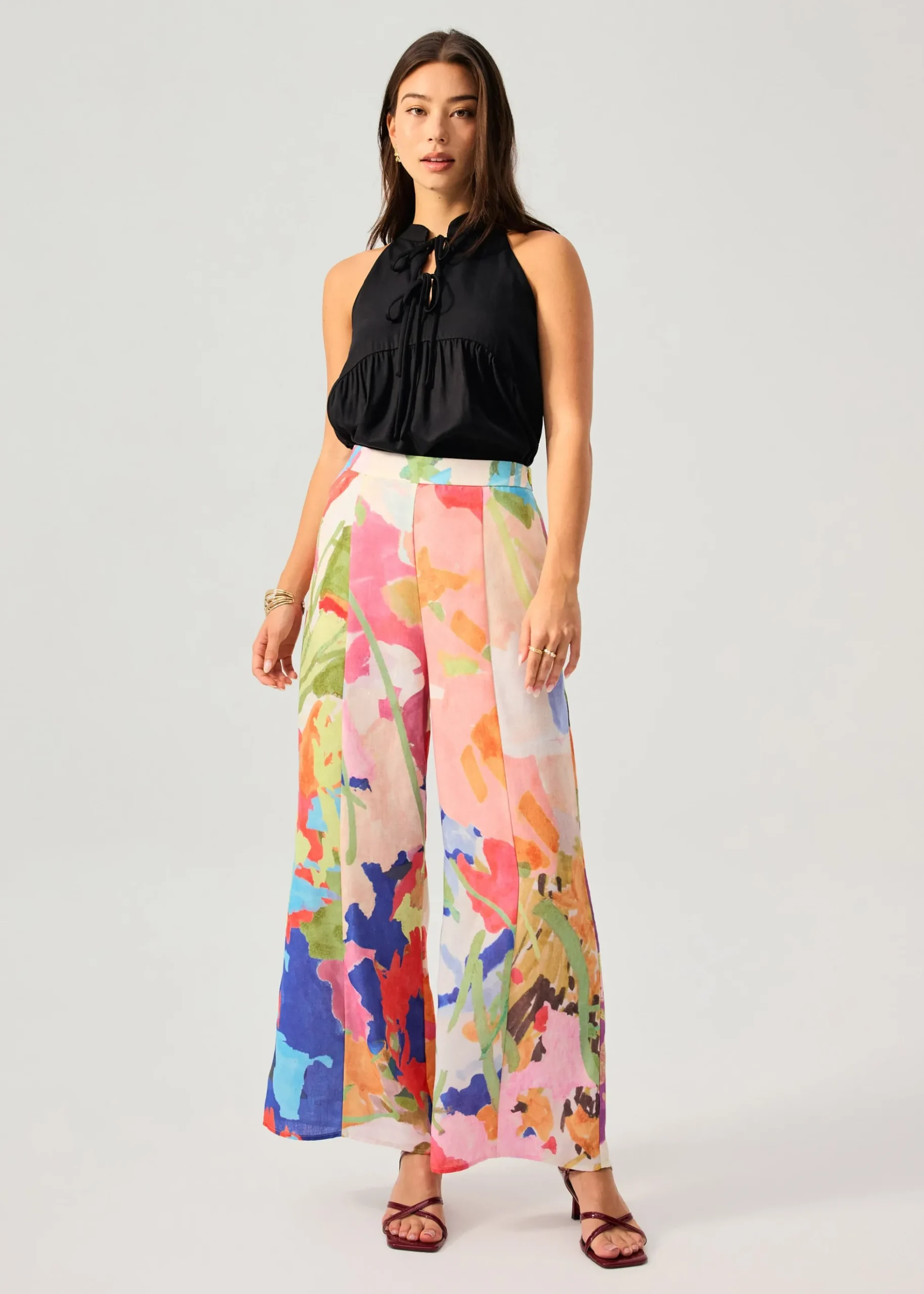 Elastic Panelled Mid Waist Wide Leg Pants in Vivid Blooms