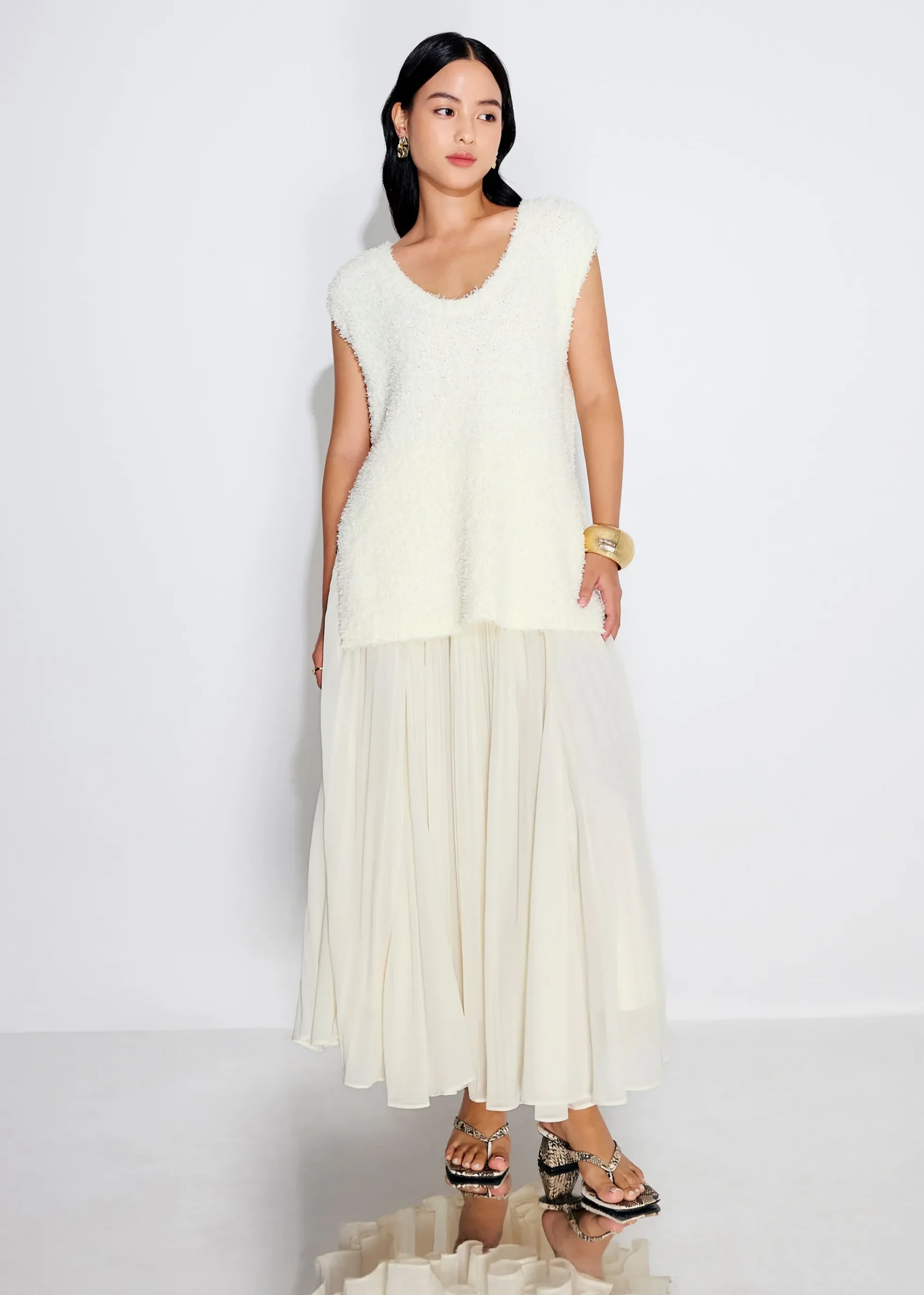 Elastic Pleated Flare Midaxi Skirt