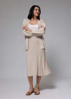 Elastic Ribbed Knit Flare Midi Skirt