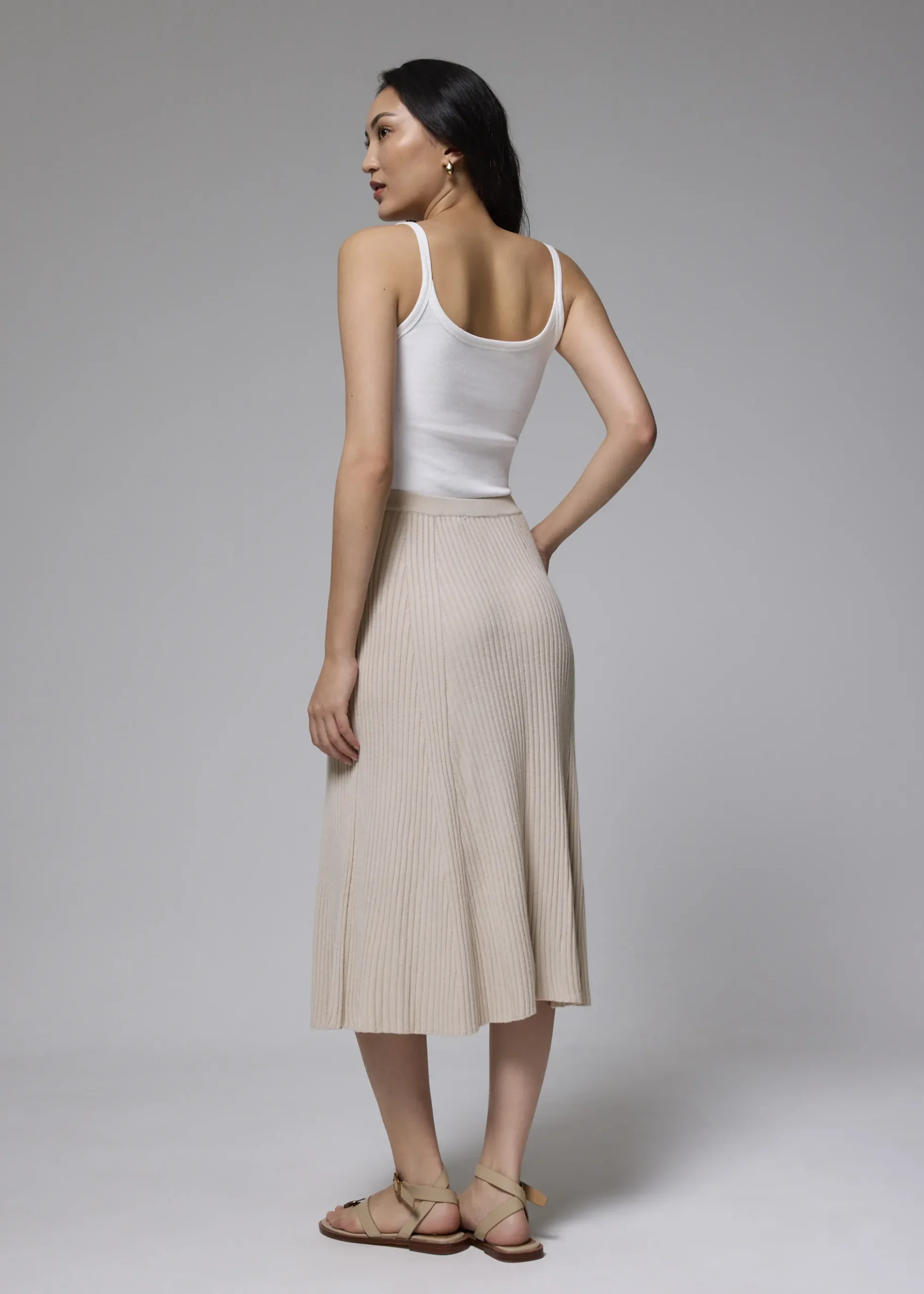 Elastic Ribbed Knit Flare Midi Skirt