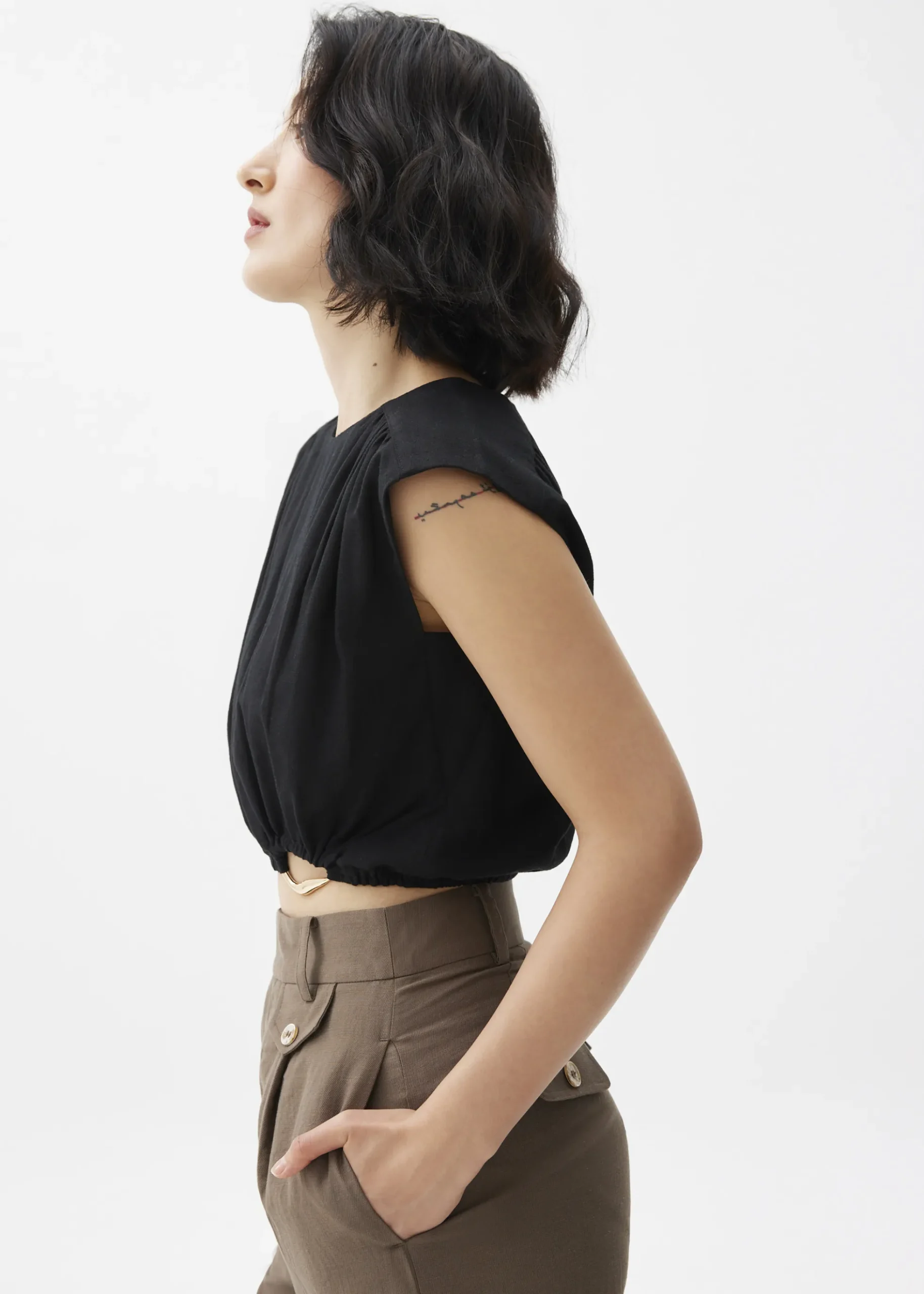 Elastic Ruched Linen Top