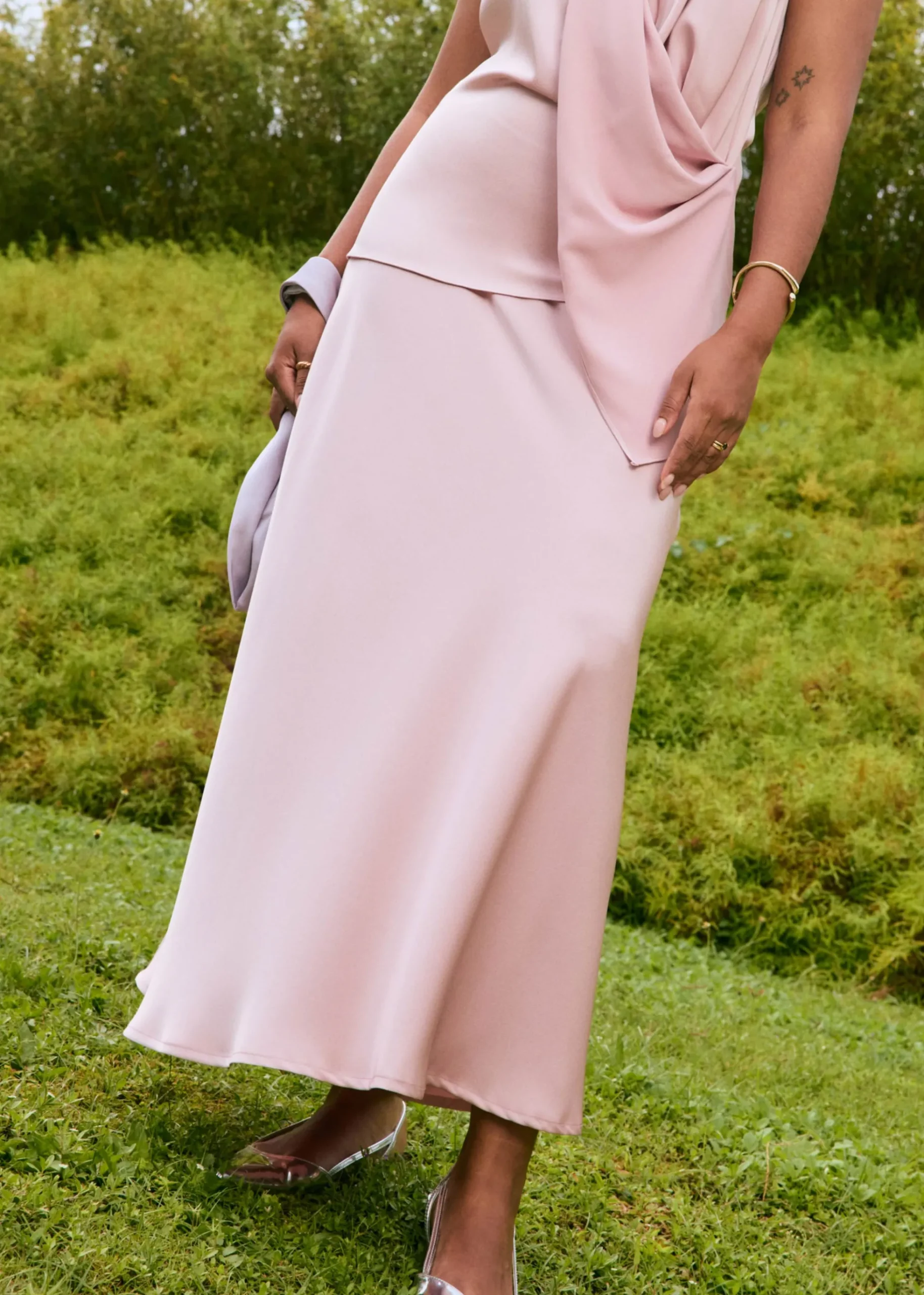 Elastic Satin High Waist Bias Cut Midaxi Skirt