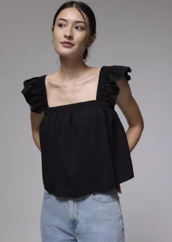 Elastic Straight Neck Ruffle Sleeve Top