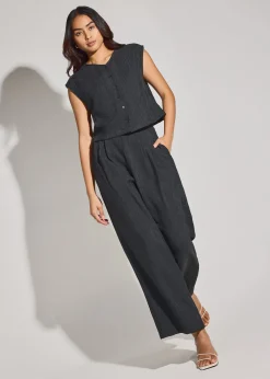 Elastic Textured Lyocell Mid Waist Straight Leg Pants