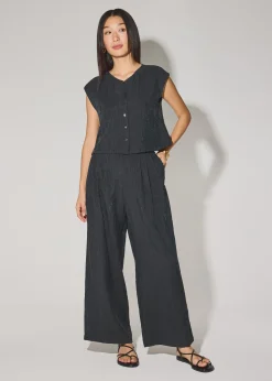 Elastic Textured Lyocell Mid Waist Straight Leg Pants