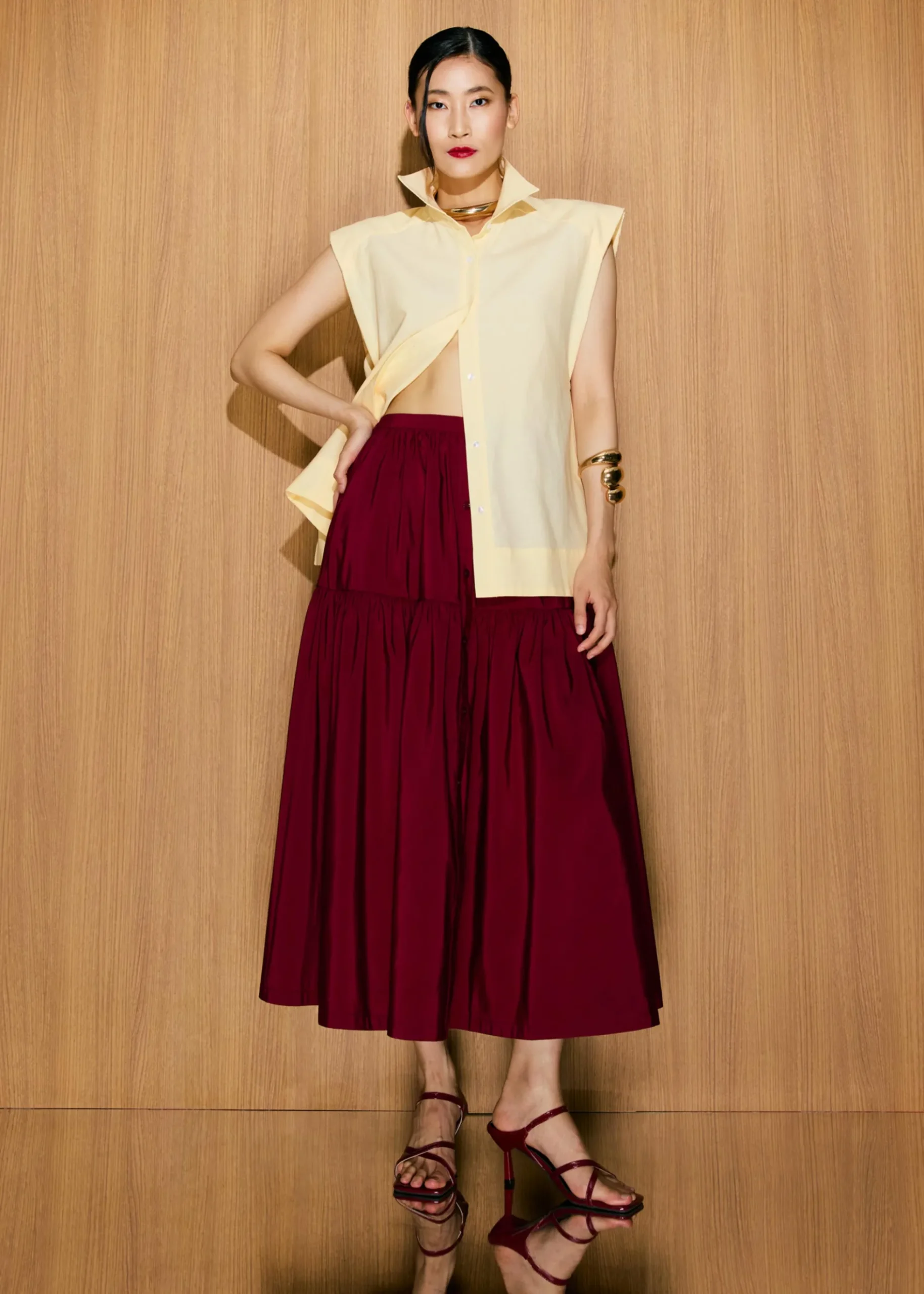 Elastic Tiered High Waist Flare Midaxi Skirt