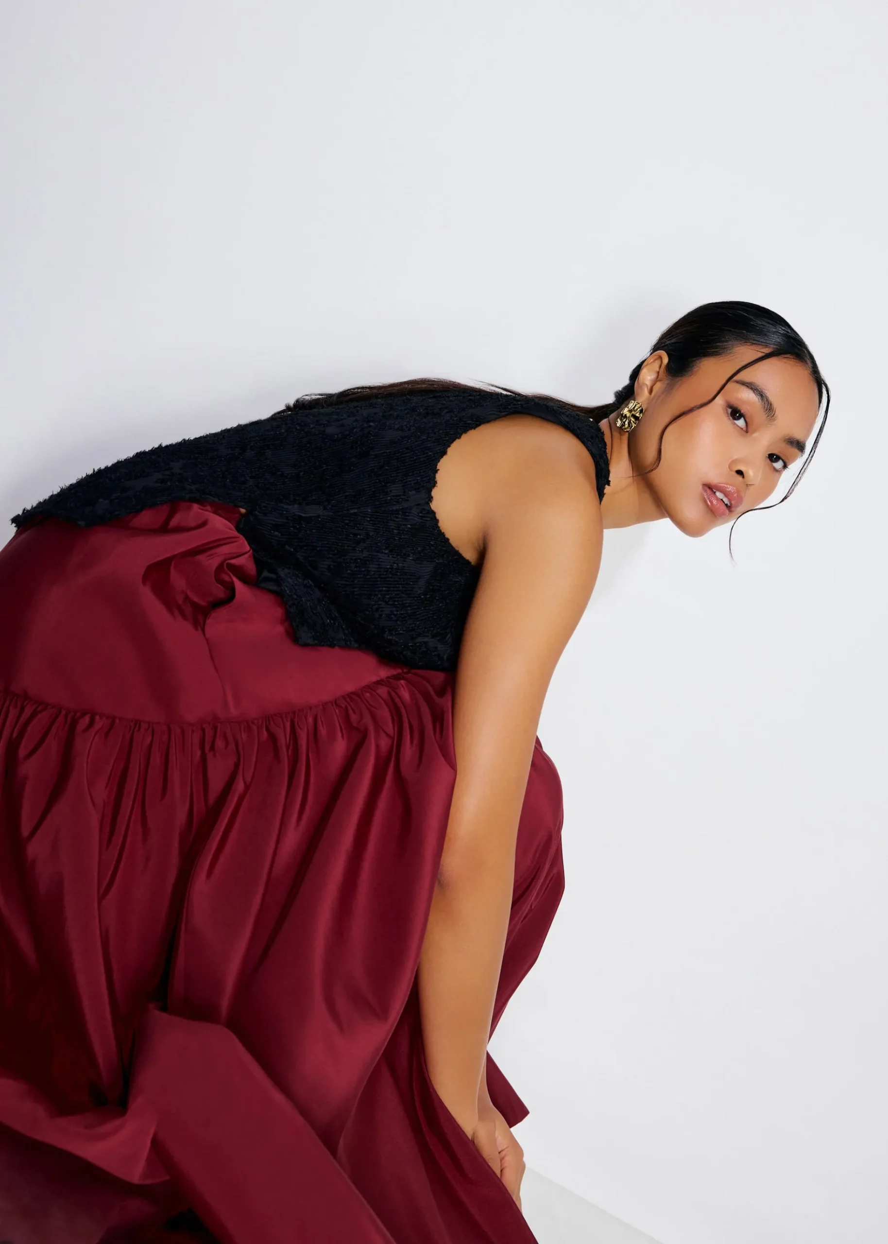 Elastic Tiered High Waist Flare Midaxi Skirt