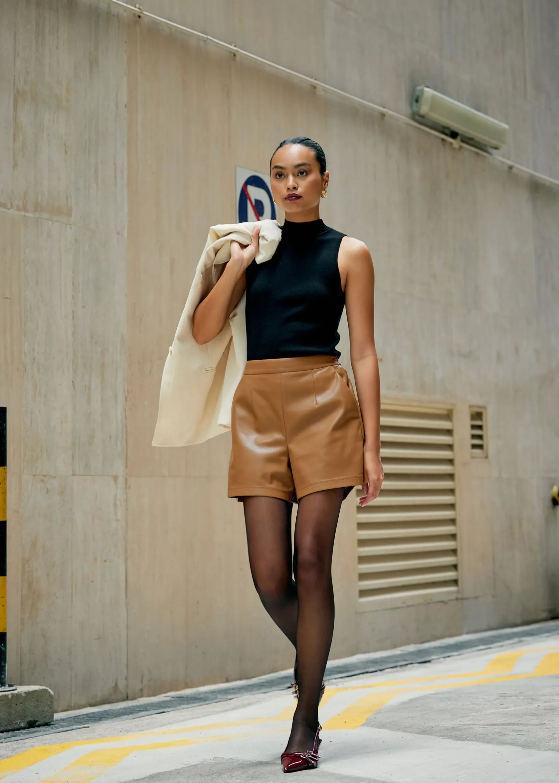 Elastic Vegan Leather High Waist A-line Shorts