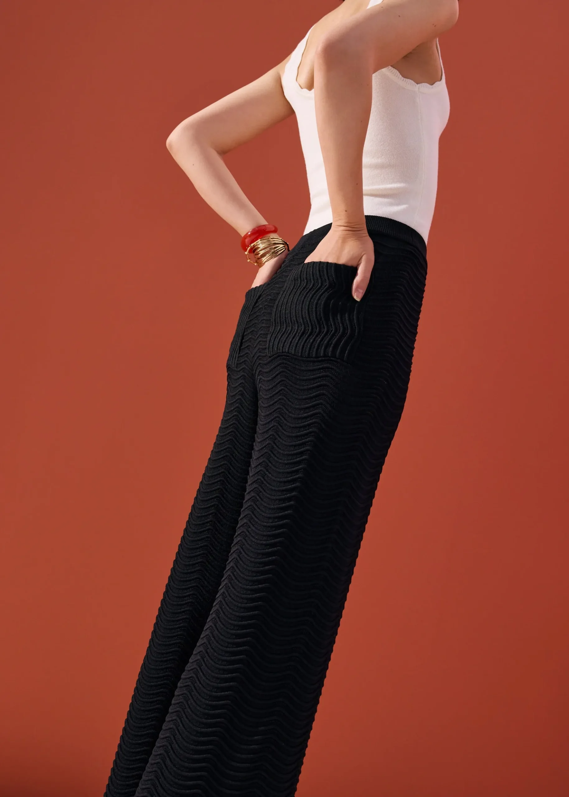Elastic Wavy Knit Straight Leg Pants