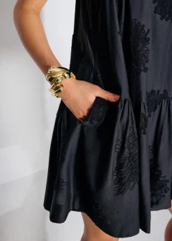 Embroidered Tiered Round Neck Swing Mini Dress
