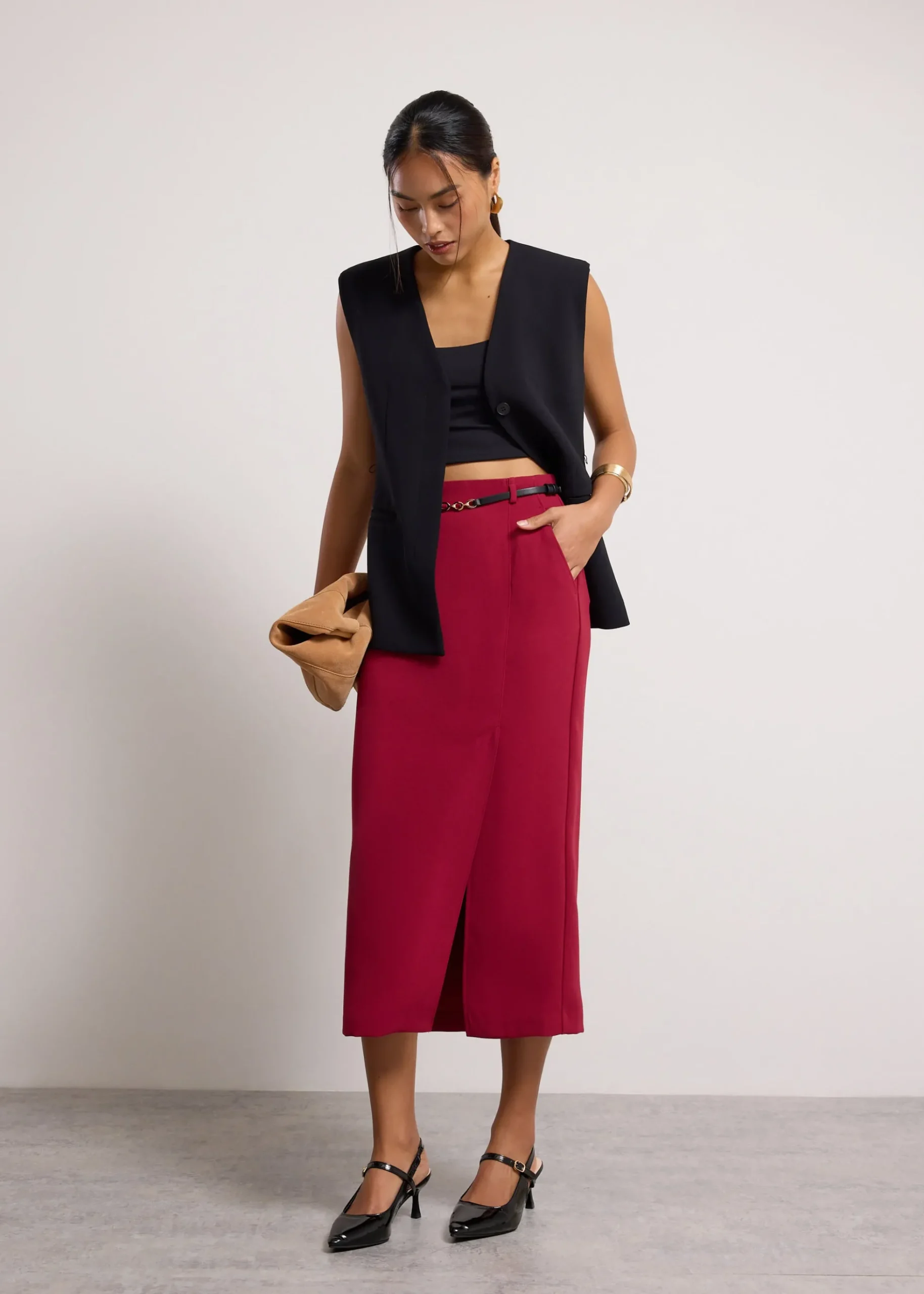 Emily Tailored Crepe Side Slit Column Midaxi Skirt