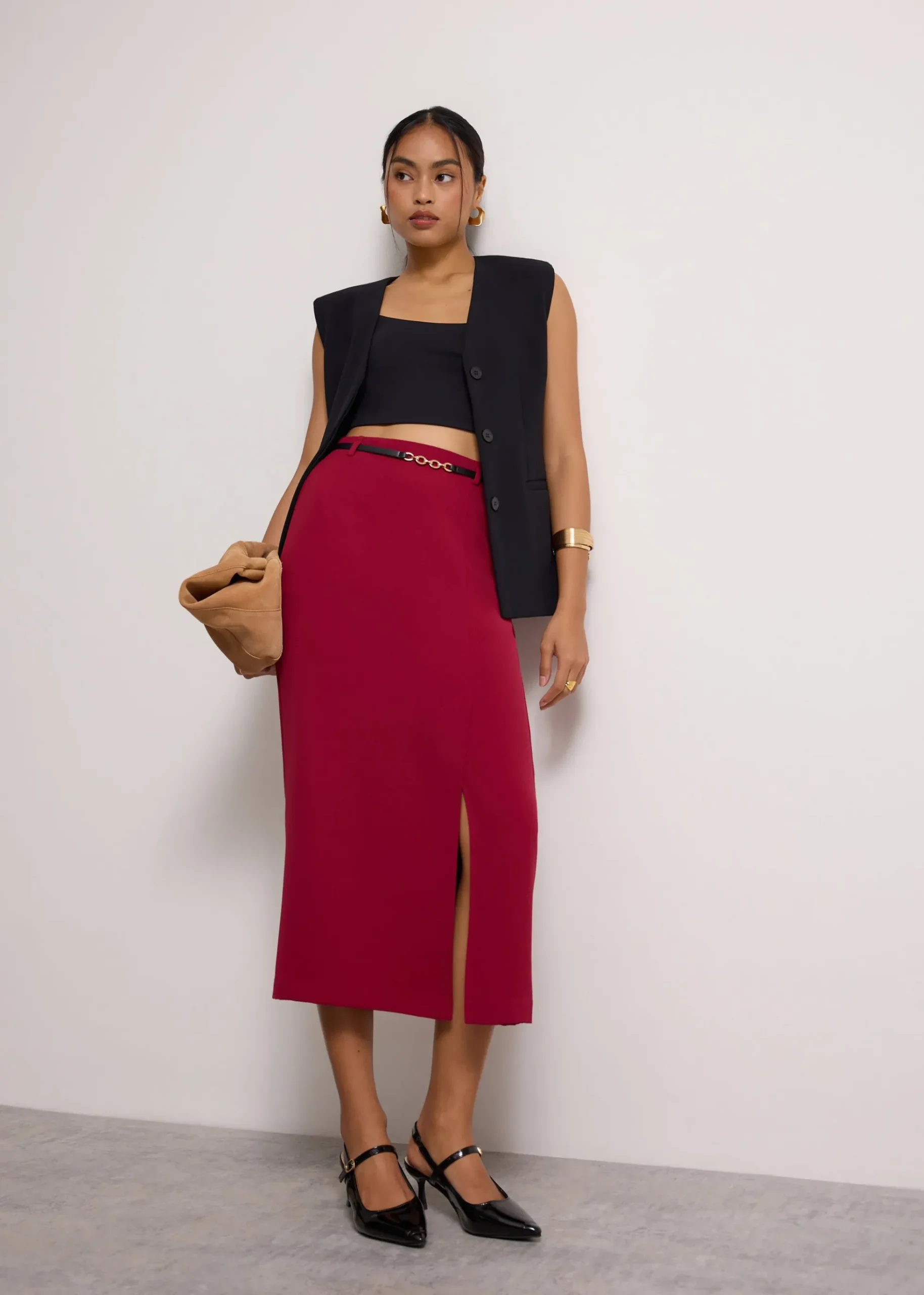 Emily Tailored Crepe Side Slit Column Midaxi Skirt
