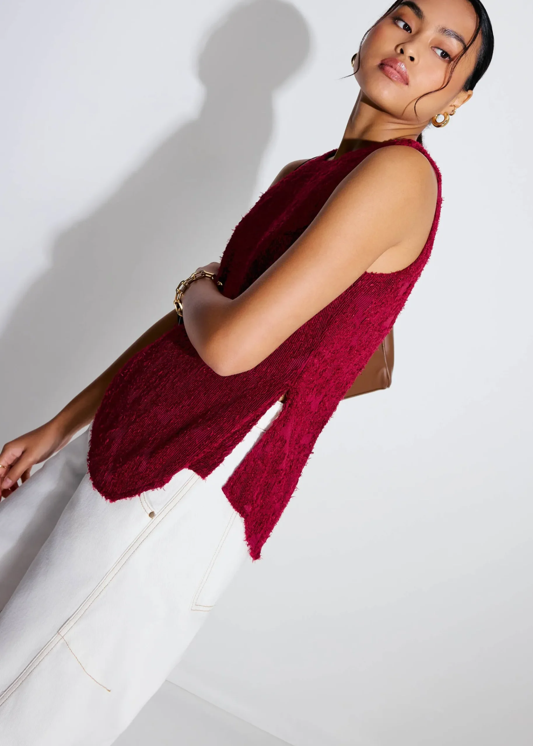 Faye Textured Asymmetric Hem Round Neck Top