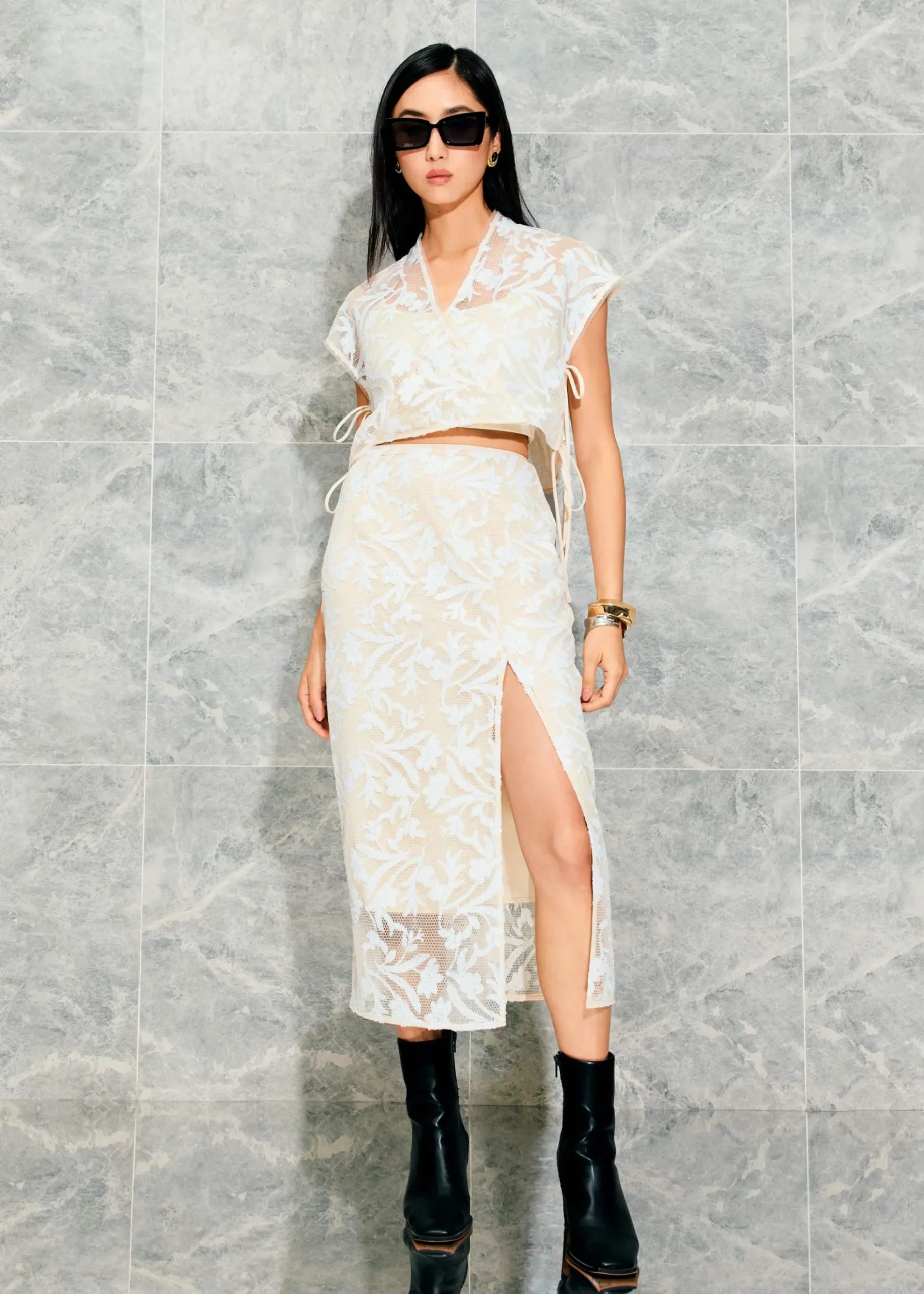 Floral Sequin High Waist Side Slit Column Midaxi Skirt