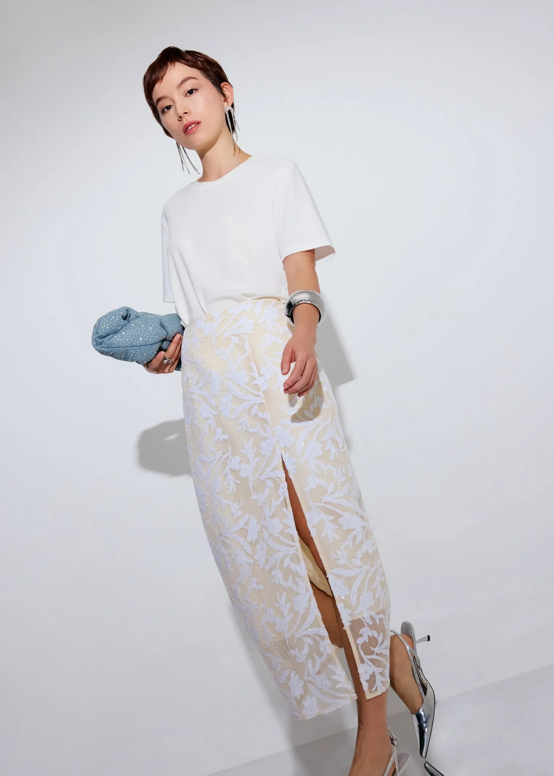 Floral Sequin High Waist Side Slit Column Midaxi Skirt