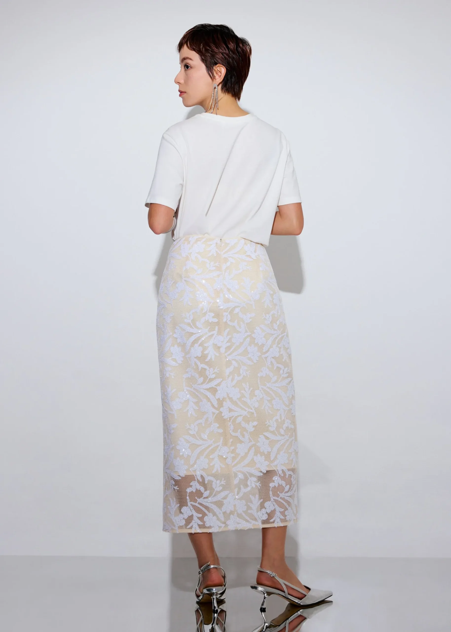 Floral Sequin High Waist Side Slit Column Midaxi Skirt