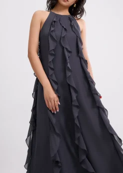 Georgette Halter Trapeze Frill Maxi Dress