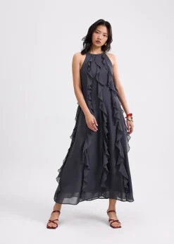 Georgette Halter Trapeze Frill Maxi Dress