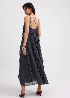 Georgette Halter Trapeze Frill Maxi Dress