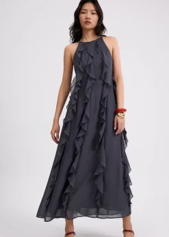 Georgette Halter Trapeze Frill Maxi Dress