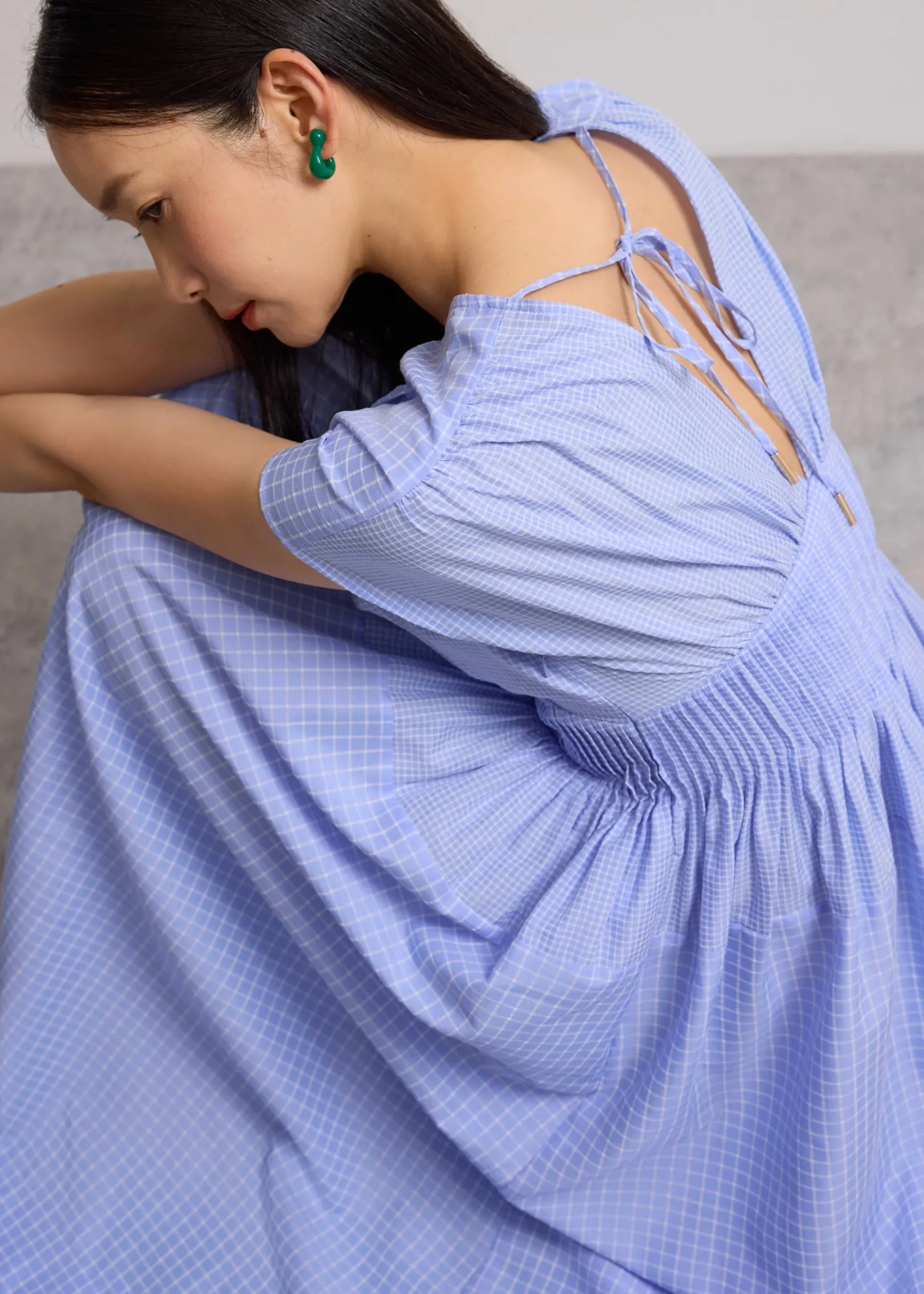 Gingham Seersucker V-neck Cap Sleeve Fit & Flare Midaxi Dress