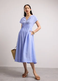 Gingham Seersucker V-neck Cap Sleeve Fit & Flare Midaxi Dress