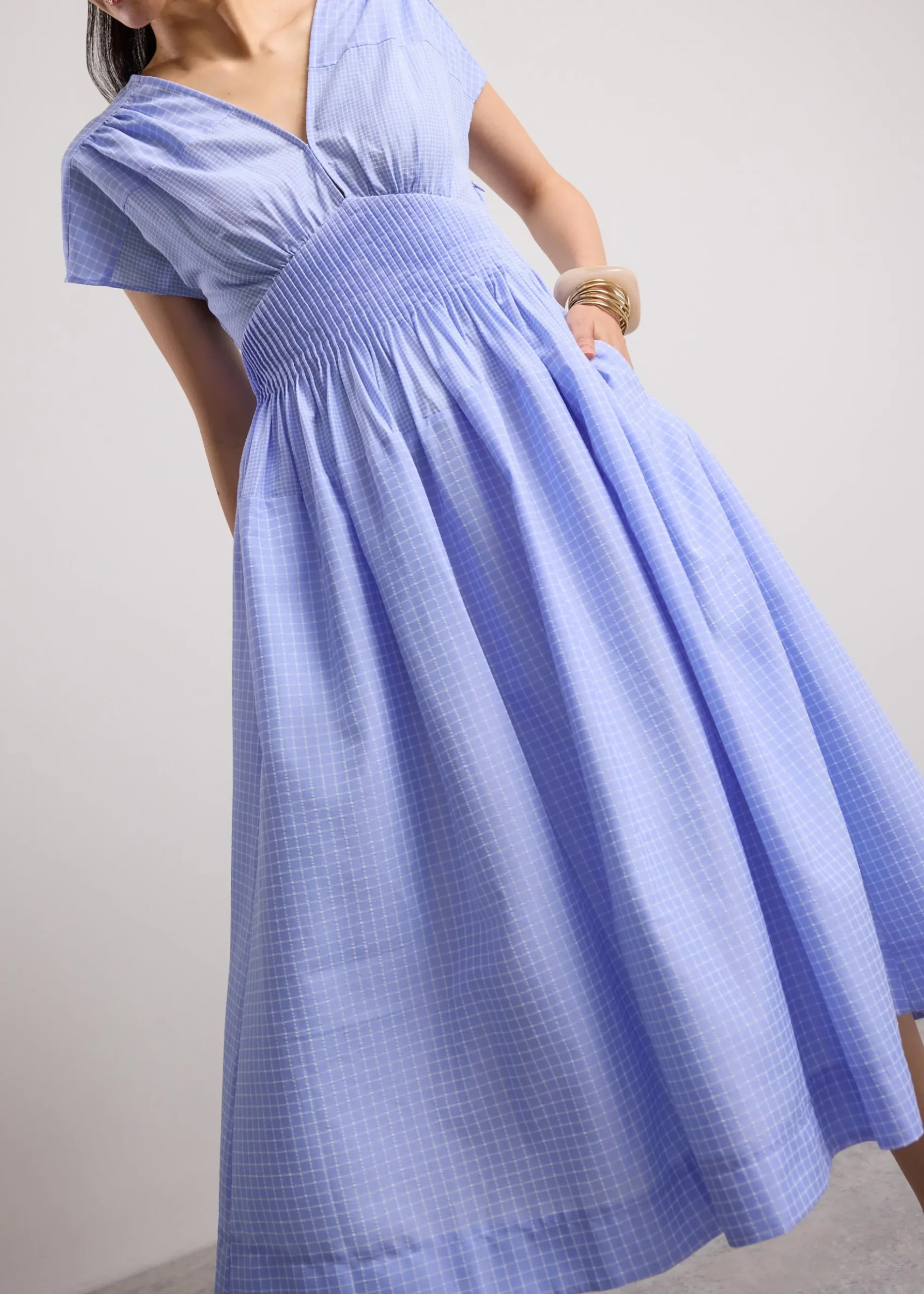 Gingham Seersucker V-neck Cap Sleeve Fit & Flare Midaxi Dress