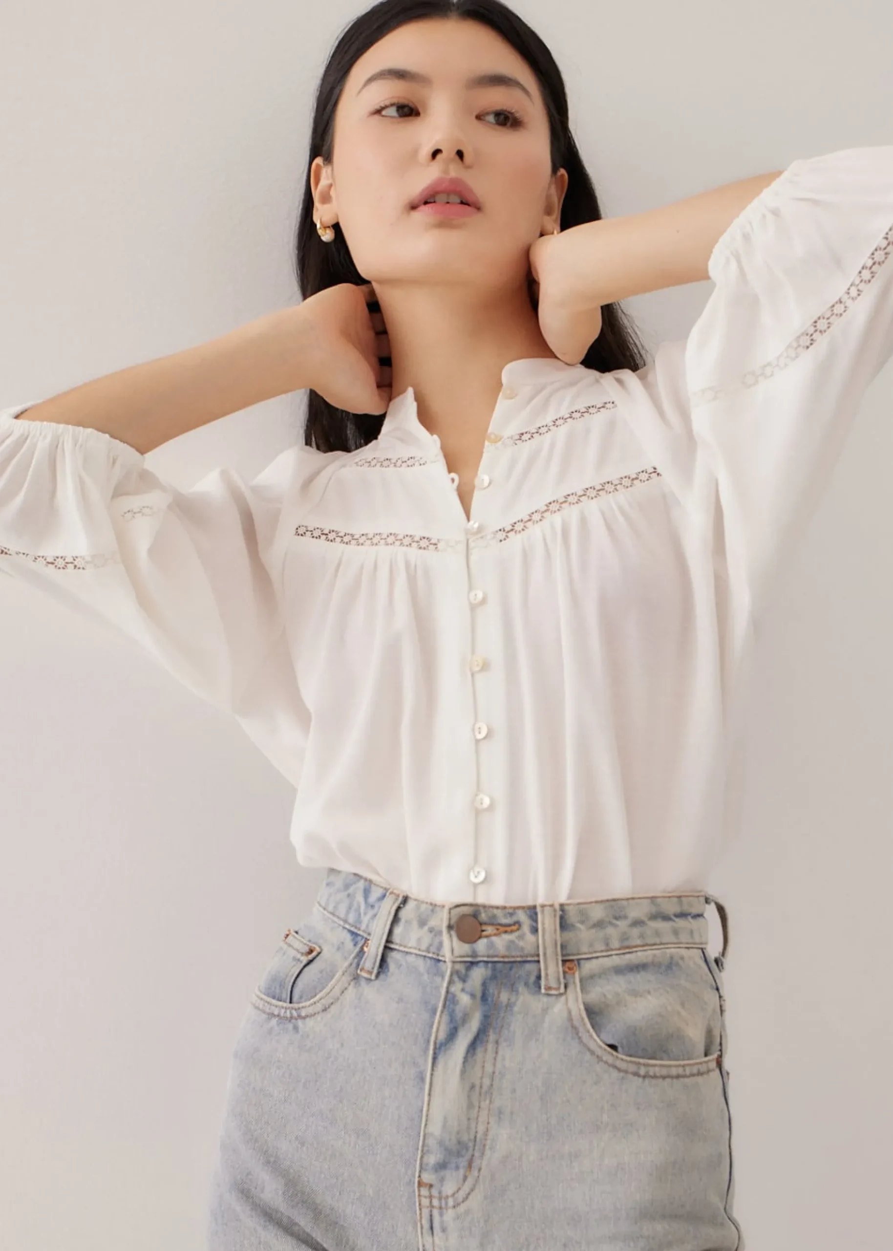 Guada Lace Trim Puff Sleeve Blouse